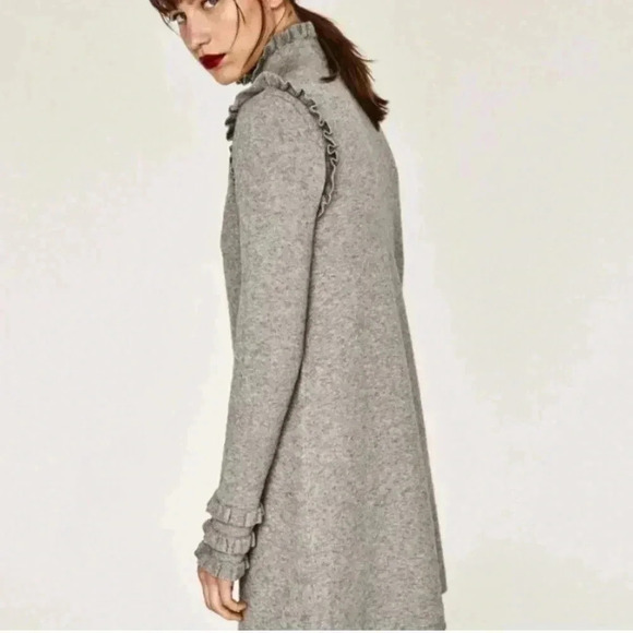 [L]Zara Knit Gray Ruffled Sleeve Wool Blend  Tunic Dress - Picture 2 of 9
